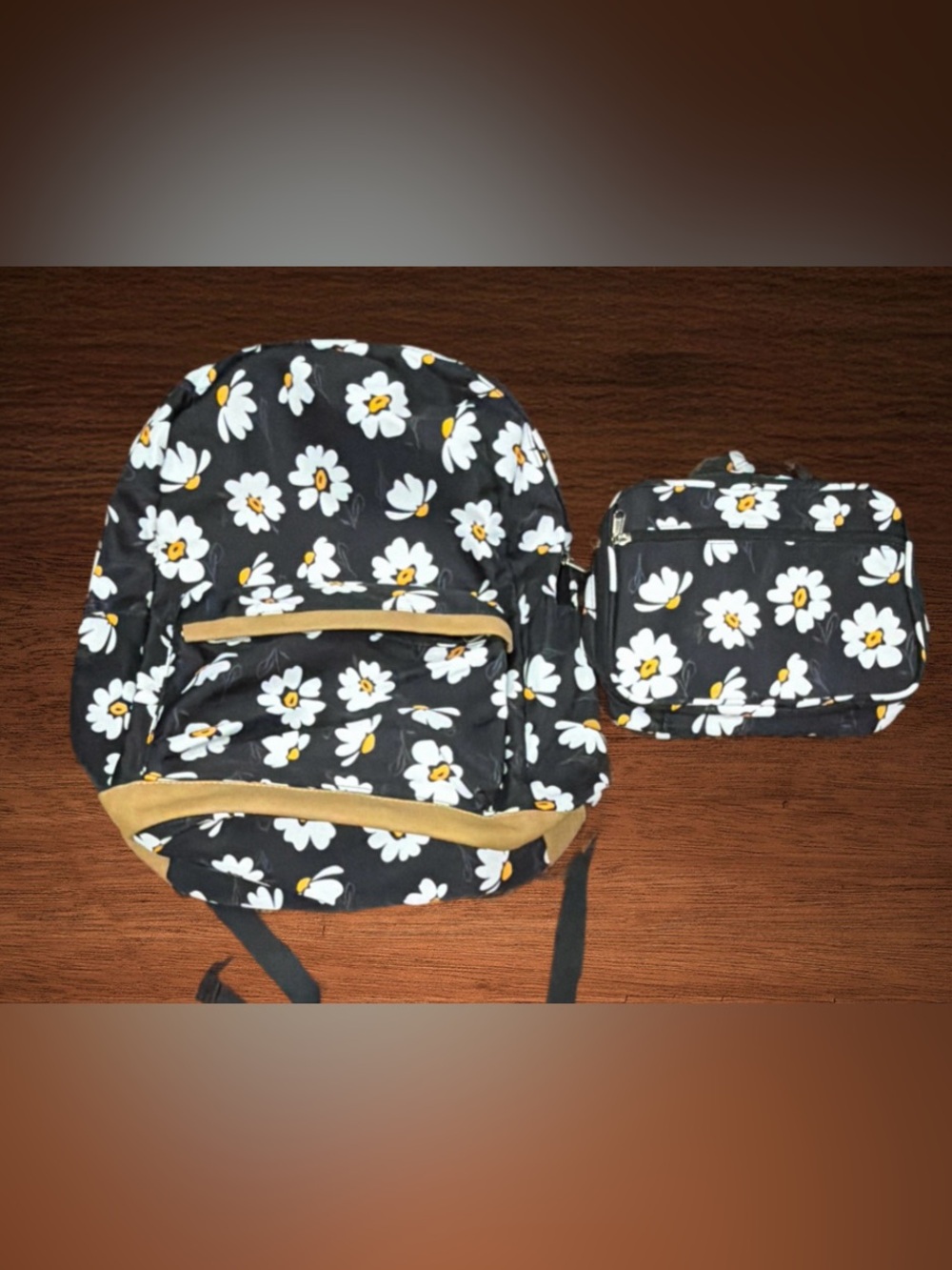 FLOWER PRINT BLACK W/ WHITE AND YELLOW FLOWERS MATCHING INSULATED LUNCH BAG